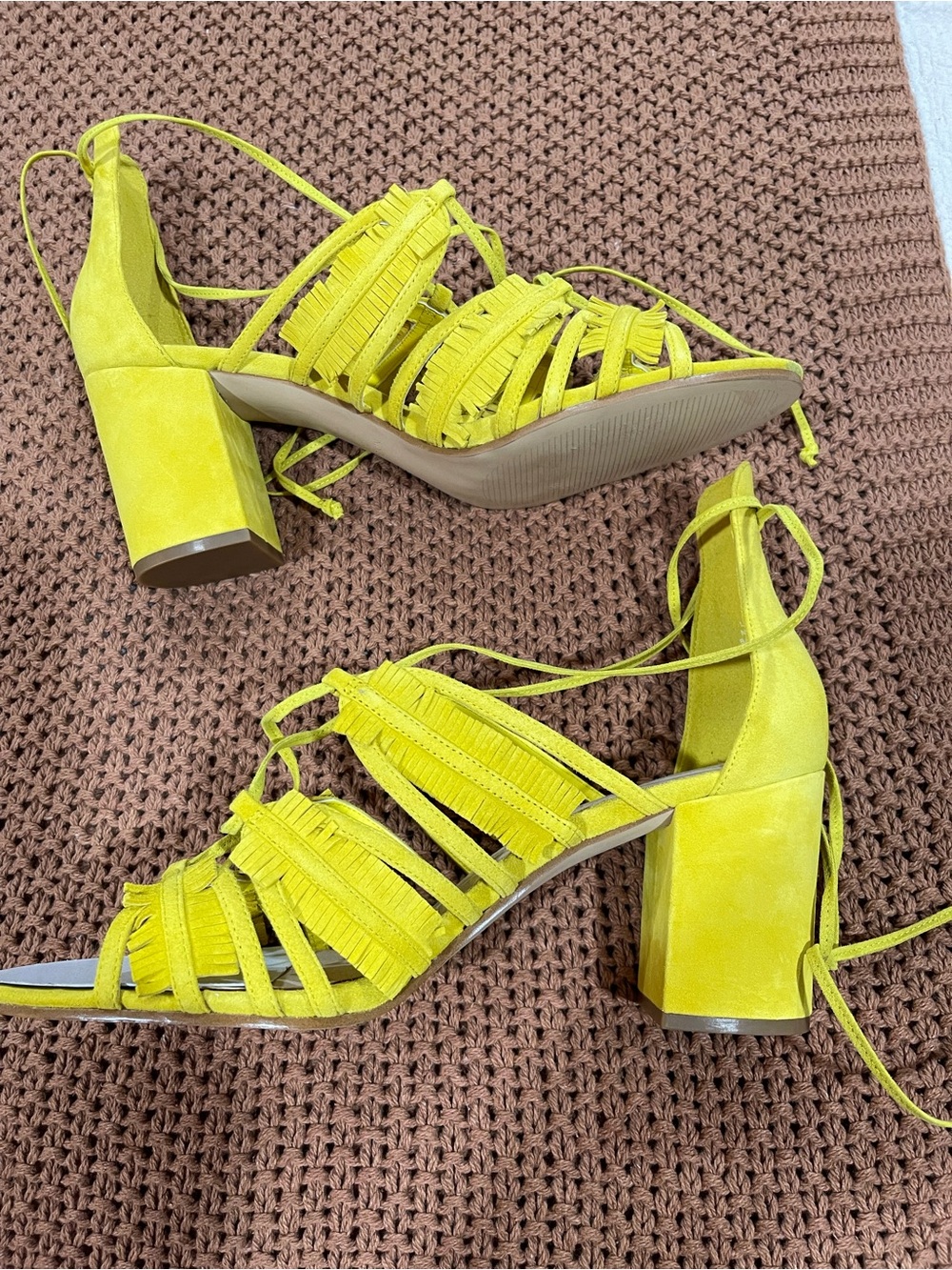 Nine West Yellow Suede Block Heel Lace-Up Sandals